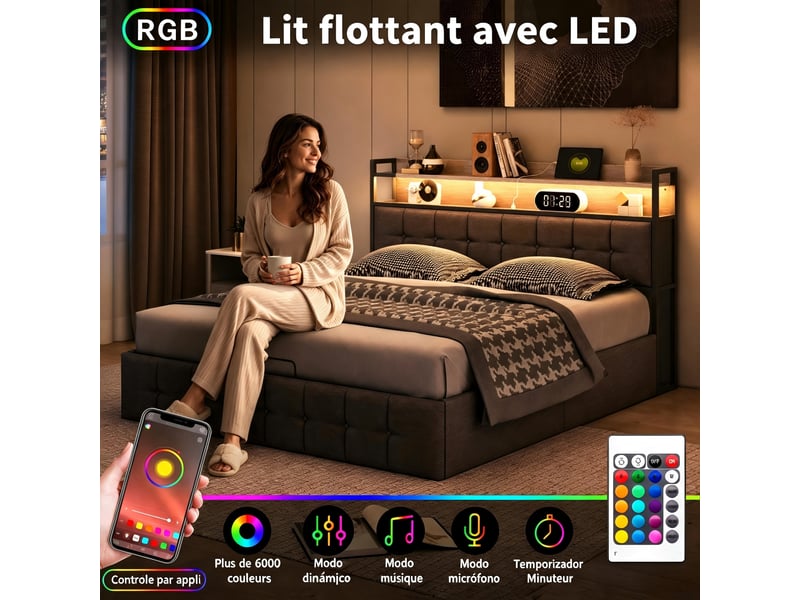 Kefsr lit coffre 140x190 cm, lit double adulte en tissu lin gris avec tête de lit rangement, led rgb connectée, prises usbtype-c et sommier relevable - Conforama D