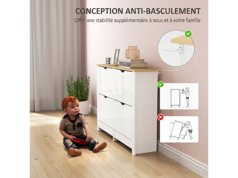  Meuble à chaussures 16 paires, armoire à chaussures étroite avec 4 tiroirs rabattables et réglables étagères  - Conforama W