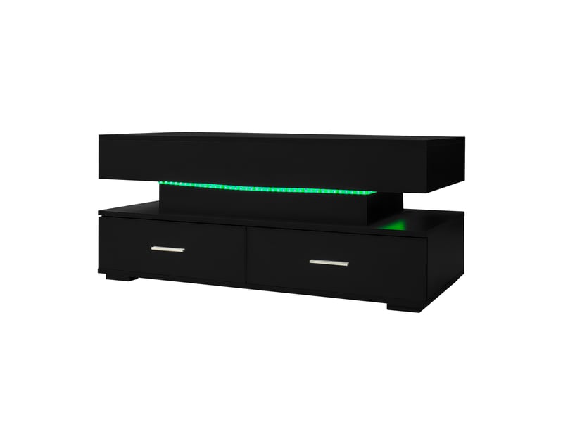  Table basse réglable en hauteur hydrauliquement (100 x 50 x 44 cm) avec éclairage led, commande par application bluetooth, 2 tiroirs et espace de rangement ouvert, noire.  - Conforama D