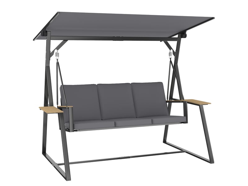 Balancelle de jardin 3 places, toit orientable 60° uv50+, structure metallique 360 kg, bacs lateraux, coussins rembourres, 222 x 131 x 175 cm - Conforama A