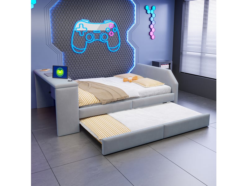  Lit enfant rembourré 140x200 cm avec bureau, usb et lit gigogne en velours gris, sans matelas  - Conforama B