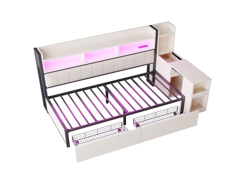  Lit banquette avec bureau extensible et rangements, métal blanc, 90x200 cm, led, tiroirs et prises intégrées  - Conforama E
