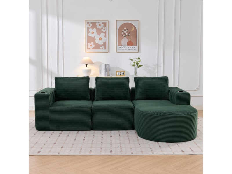  Canapé 2 places en velours côtelé compact 265 cm avec méridienne, 3 coussins et porte-gobelets  - Conforama B