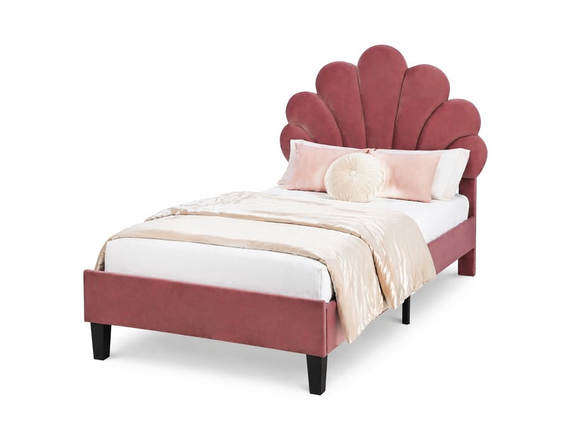  Lit simple enfant 200×90 cm avec tête de lit fleur et sommier à lattes, sans matelas, en velours rouge  - Conforama A
