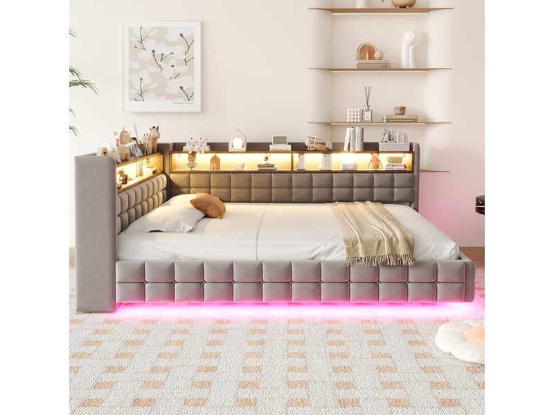  Lit coffre hydraulique 140x200 cm avec rangements, led et prises usb-c, velours gris clair, sans matelas  - Conforama W