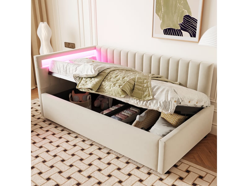  Lit convertible rembourré en velours beige 90x200 cm  - Conforama B