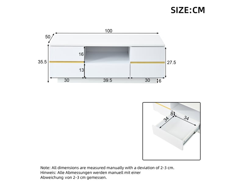  Table basse 100x50x35.5 cm - led intégrée - 2 portes à charnières - tiroir - tablette semi-ouverte - convertible - blanc et or ABC - Conforama C