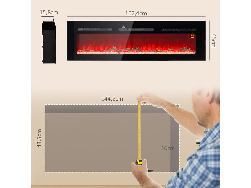  Cheminée électrique murale 1800 w, effet flamme led 3d, noire, 152,4 cm  - Conforama E