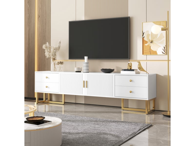  Meuble tv avec 4 tiroirs, 2 portes texturées, charnières amorties et pieds dorés en mdf blanc 175×30×46 cm  - Conforama C
