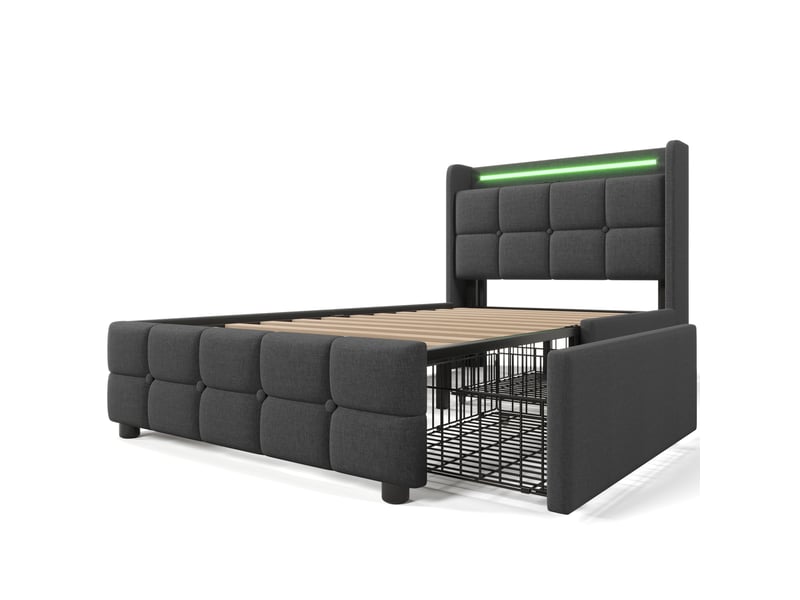  Lit 1 personne 90x200 cm avec matelas et 2 tiroirs, tête de lit avec usb et led, lit enfant avec sommier à lattes en bois, gris  - Conforama E
