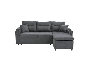 Canapé droit convertible WISHDOR 3 places Coton / Lin gris avec coffre de rangement