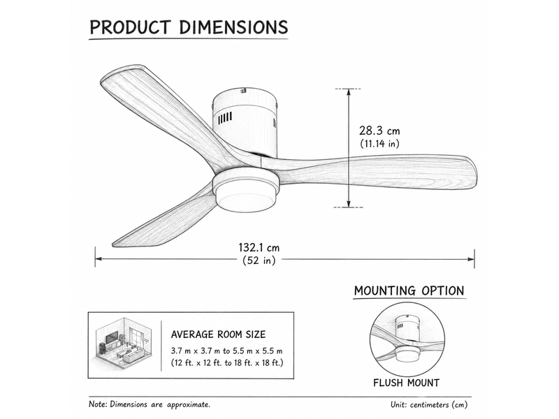  Ventilateur de plafond 52 pouces avec télécommande 6 vitesses 3 pales en bois massif éclairage led 18w moteur dc réversible pour salon  - Conforama C