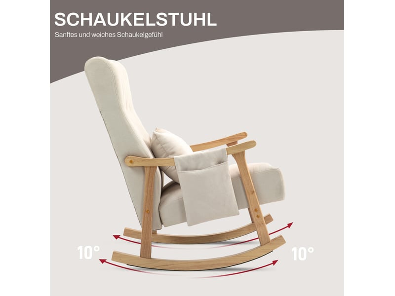 Chaise à bascule rembourrée avec coussin lombaire et poche latérale, cadre en bois et polyester beige 90 × 65 × 98 cm - Conforama D