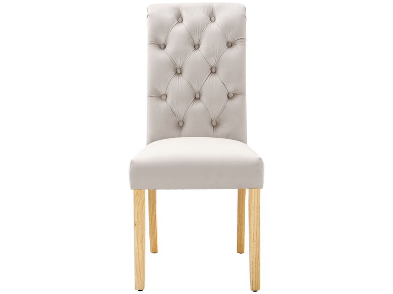  Lot de chaises 6 chaises velours pieds en chêne bouton capitonné heurtoir chromé beige  - Conforama E