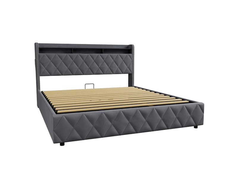  Lit coffre 180x200cm, lit rembourré avec port usb, lit adulte, sommier à lattes, velours gris, sans matelas  - Conforama D
