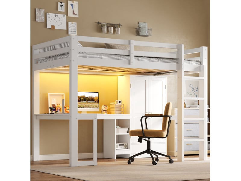  Lit mezzanine 90x200 cm avec bureau, rangement, led et usb blanc  - Conforama B