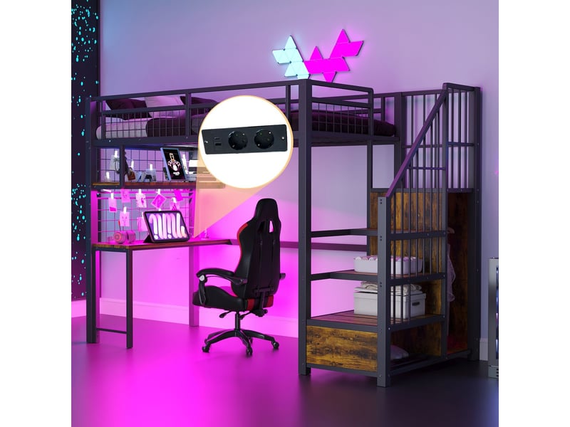  Lit mezzanine 90x200cm avec bureau, armoire et led - lit simple - métal noir, échelle rangement, prises intégrées  - Conforama D