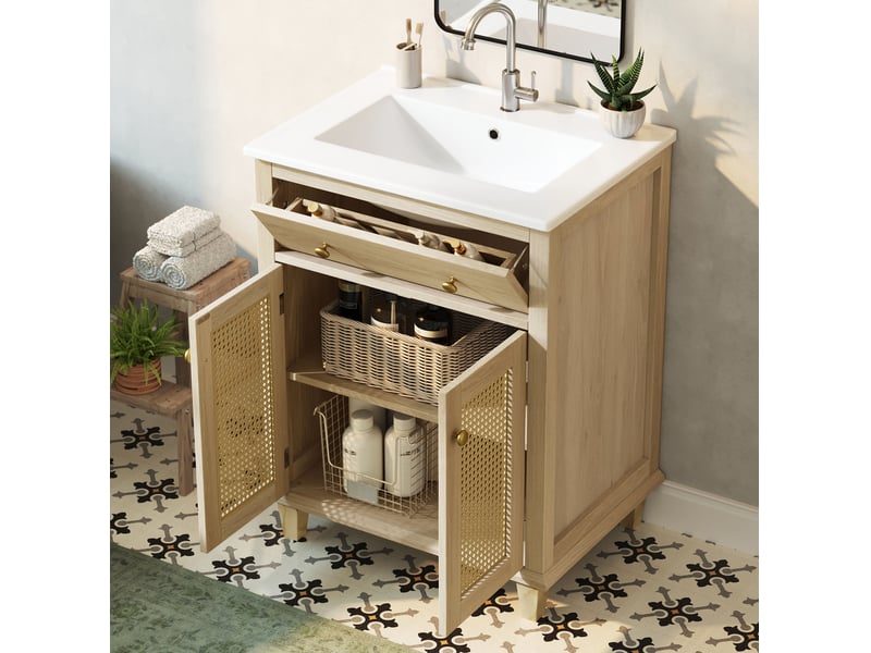 Meuble sous vasque 61x47x87 cm avec lavabo en céramique, effet bois naturel - Conforama E