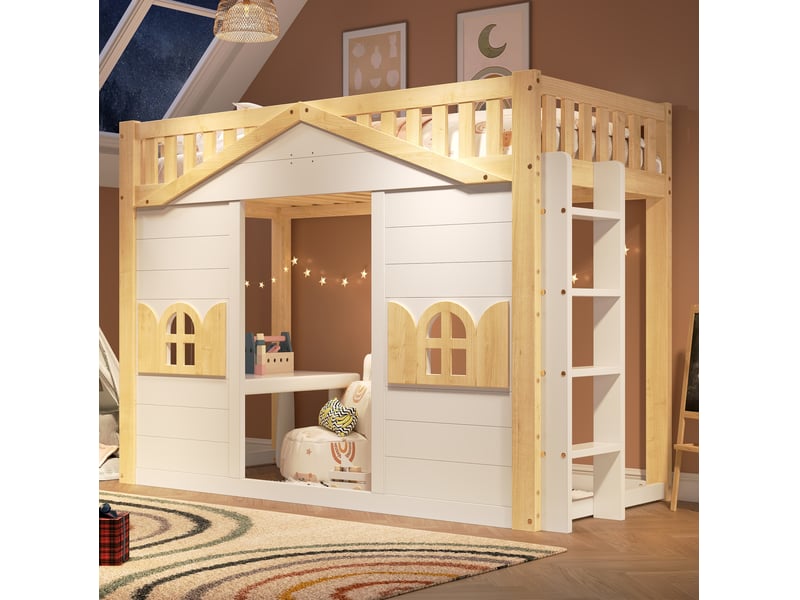  Lit mezzanine enfant modenvie avec espace inférieur, 90 x 200 cm, fenêtre, blanc et bois naturel  - Conforama D