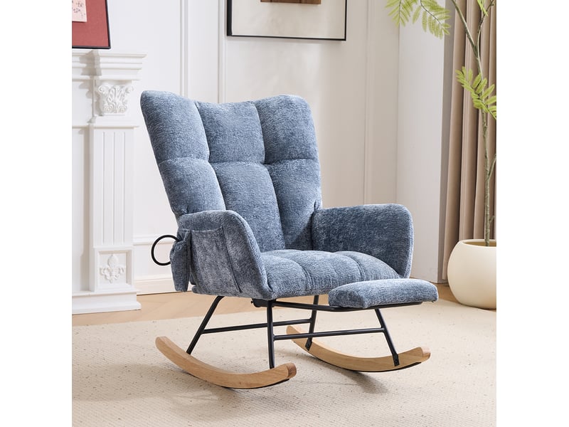  Fauteuil à bascule en chenille bleu avec repose-jambes intégré et rangement latéral  - Conforama A