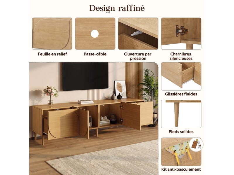  Meuble tv, 180 x 40 x 47,5 cm, 2 portes, 2 tiroirs, façade à motif en relief incurvé, sans poignées, pieds en bois, naturel GL9756N - Conforama E