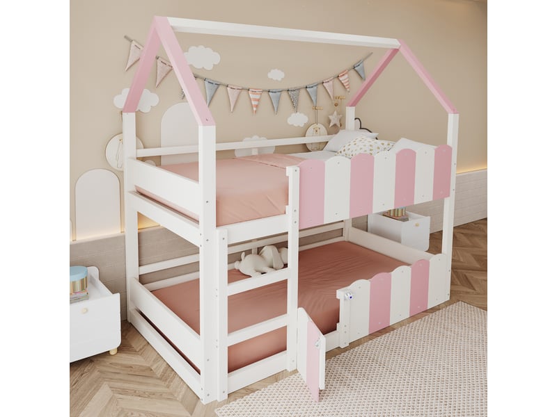  Lit superposé enfant 90*200 cm rose et blanc, design maison avec rambarde haute et sommier à lattes  - Conforama D