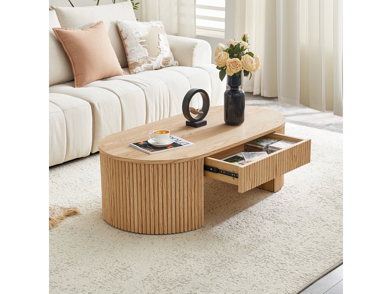  Table basse ovale 105x54x38 cm - table de salon avec tiroir de rangement et habillage cannelé – mdf - naturel  - Conforama E