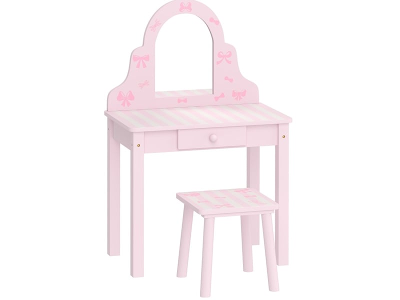 Coiffeuse enfant 2-en-1 55 x 34 x 82 cm - rose et blanc - miroir amovible, tiroir et tabouret assorti - Conforama A