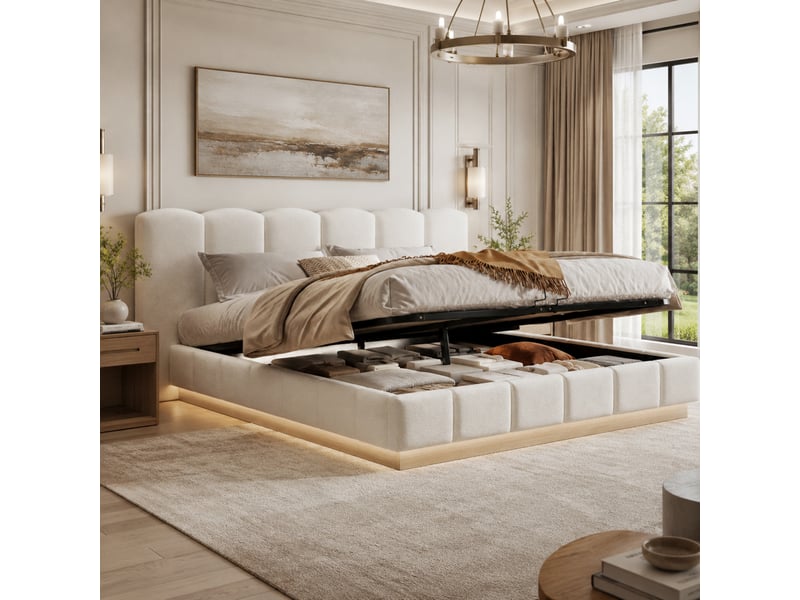  Lit coffre 180x200 cm, lit double, sommier à lattes, rangement hydraulique, tissu bouclé blanc, led  - Conforama W