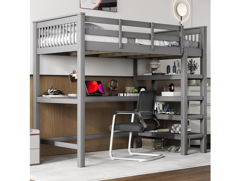  Lit mezzanine enfant 90x200 cm avec bureau et étagères gris  - Conforama D