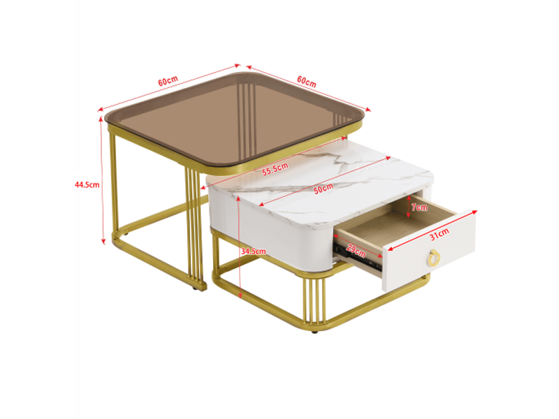  Table basse empilable en duo – plateau verre brun-taupe, effet marbre brillant, accents dorés, tiroirs – set de 2  - Conforama C