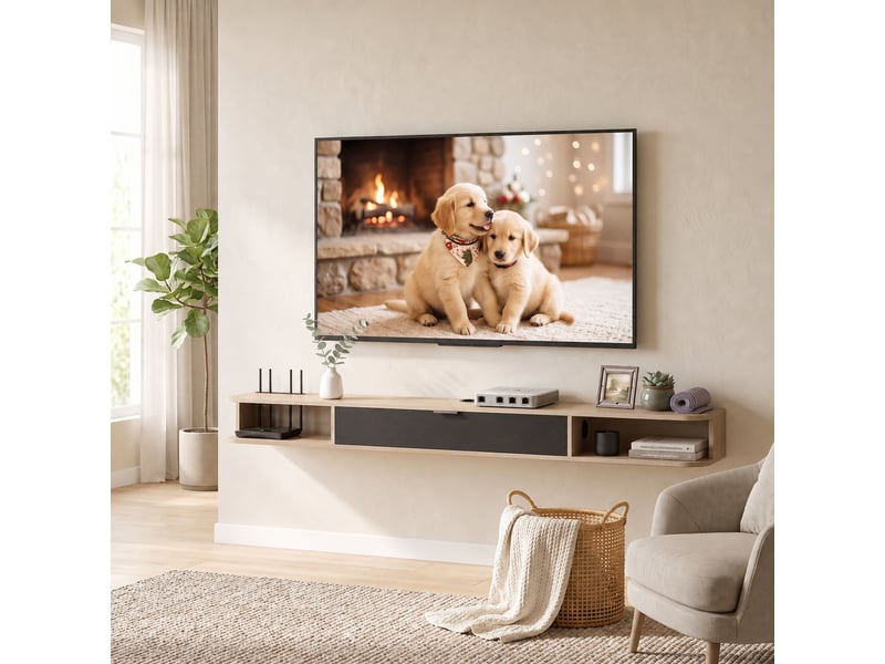  Meuble tv suspendu pour téléviseur jusqu'à 75 pouces, abattant, 2 niches, effet bois naturel, 180 x 24 x 16 cm  - Conforama B