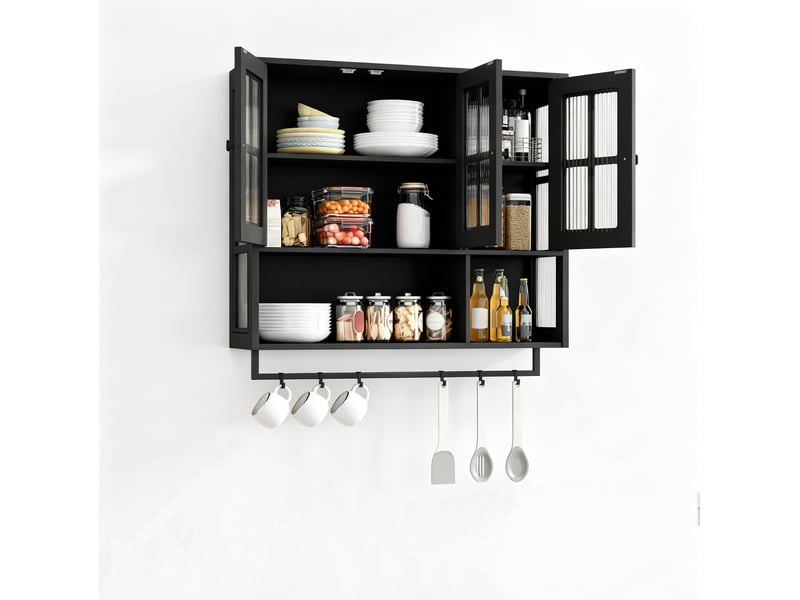  Meuble mural salle de bain 88x26x82,5 cm, rangement moderne gain de place, meuble suspendu design, en mdf, noir  - Conforama A