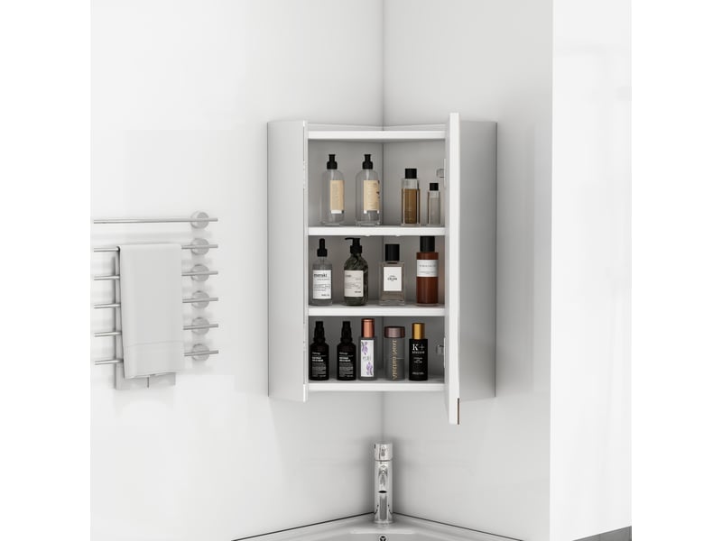 Meuble de salle de bain - 32.5x32.5x55.6 cm - meuble d'angle miroir suspendu prémonté avec 3 faces miroir &amp; soft-close - blanc  - Conforama D