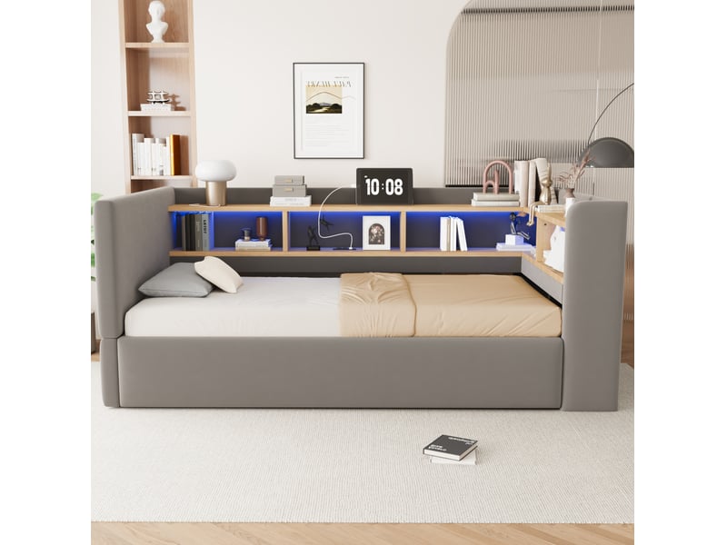  Lit avec coffre, 90x190 cm, rangement hydraulique, led, prises, rangements, matelas non inclus, velours, coloris gris  - Conforama D