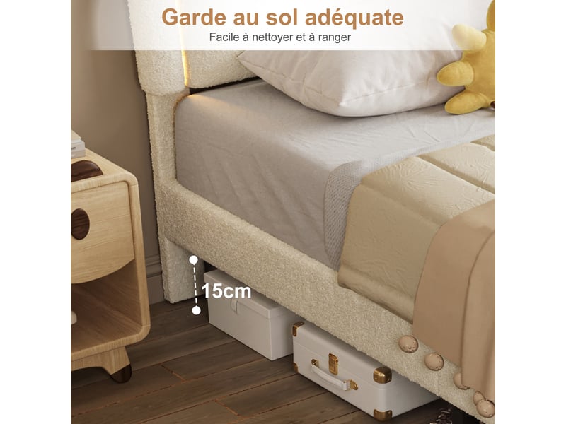 Lit enfant 90x200 cm en teddy bouclé beige - tête de lit en forme de mouton - led 7 couleurs avec application et télécommande - grand tiroir de rangement intégré - sommier à lattes en bois inclus - lit 1 place pour fille, garçon… - Conforama E