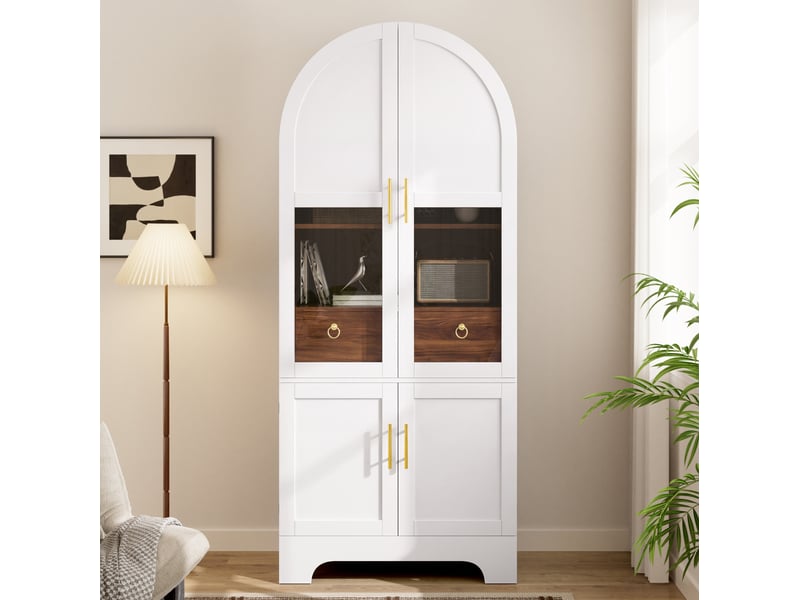  Buffet 76x40x180 cm avec façade en verre, éclairage led, 4 portes et 1 tiroir, mdf et panneau de particules blanc  - Conforama D