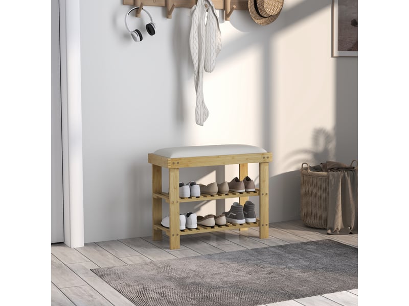  Banc à chaussures en bambou, étagère à chaussures à 3 niveaux, style scandinave, 60 x 29 x 49 cm, crème et bois naturel  - Conforama D