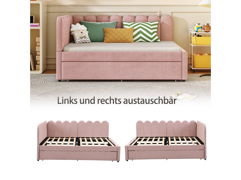  Lit d'appoint en l 140x200 cm, dossier fleuri, tissu velours rose, convertible et compact pour chambre d'amis  - Conforama C