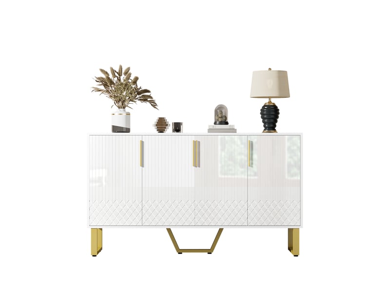  Buffet 4 portes à fermeture douce avec rangement pour séjour en mdf 140×40×80 cm blanc brillant  - Conforama A