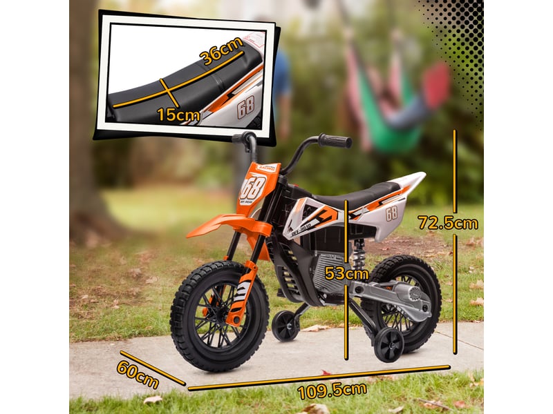  Moto électrique pour enfants avec stabilisateurs amovibles, suspension, effets sonores et indicateur de charge, orange  - Conforama E