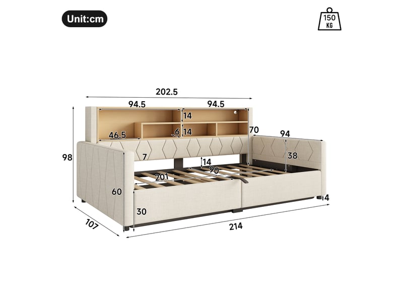  Canapé-lit coffre 90 x 200 cm - avec prise électrique - avec port usb - avec bande lumineuse led - beige (matelas non inclus)  - Conforama C