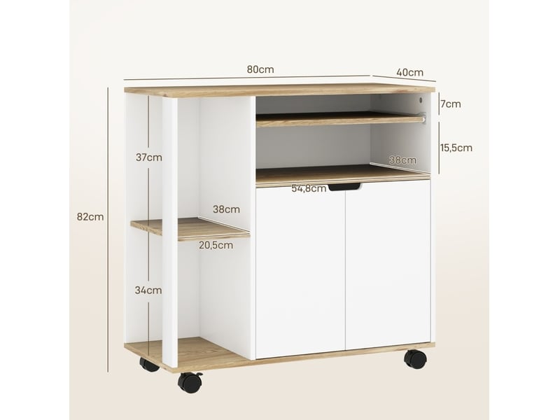  Desserte de cuisine 80 x 40 x 82 cm blanc et bois, 4 roulettes avec freins et rangements modulables  - Conforama C