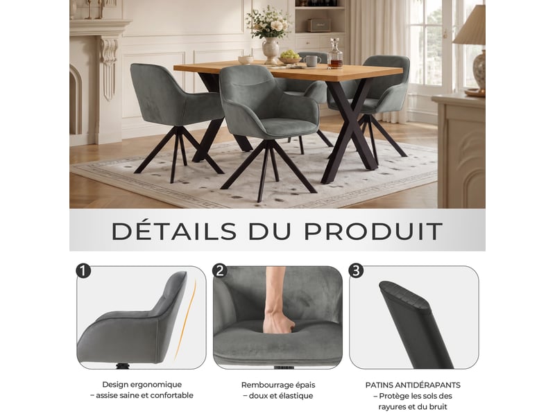 Ensemble table et 4 chaises - table rectangulaire 160x80 cm monobloc en chêne sauvage et pieds métal, 4 chaises en velours gris foncé et pieds métal - Conforama R