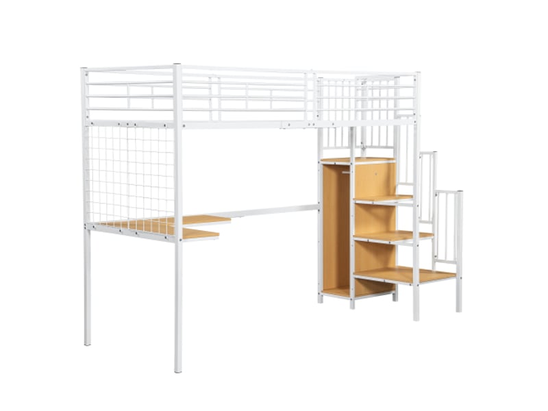 Lit mezzanine 90x200 cm, lit enfant avec table, armoire et échelle latérale, en métal, blanc, sans matelas - Conforama E