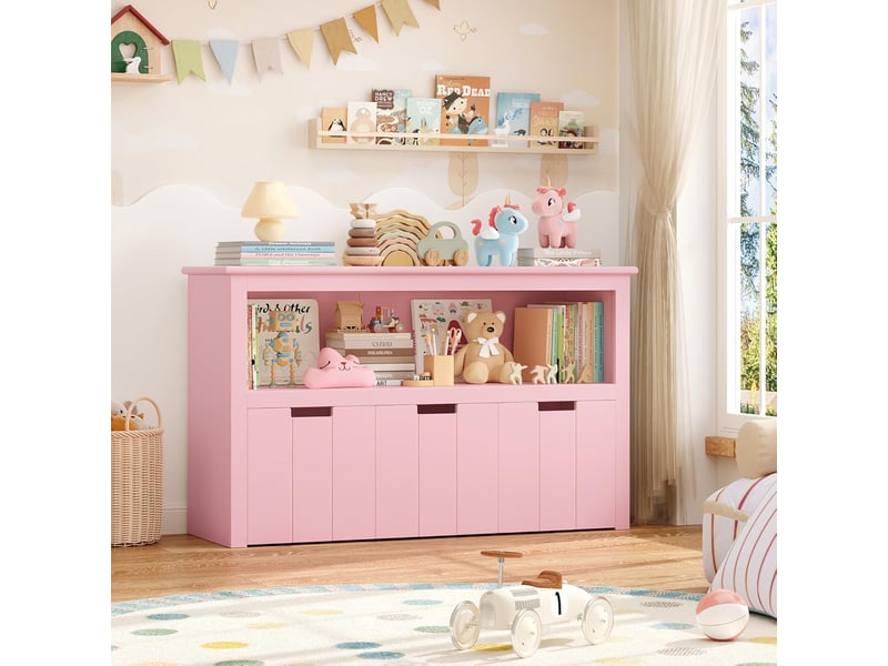  Meuble rangement jouet bibliothèque pour enfants étagère armoire de rangement avec 3 tiroirs roulants rose 102x33x61.5cm  - Conforama B