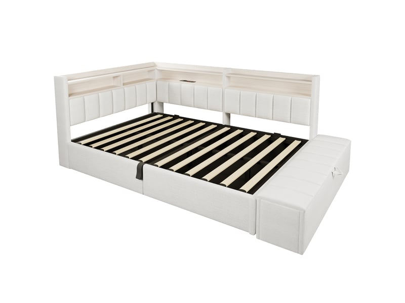  Banquette-lit 140 x 200 cm, suspension hydraulique, prise électrique, caisson latéral réversible (gauchedroite), port usb, éclairage led, sans matelas, velours blanc crème  - Conforama A