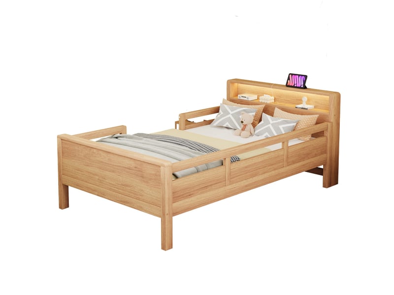  Lit enfant 90x200 en pin avec tête de lit rangement, led et ports usb, barrière de sécurité  - Conforama W