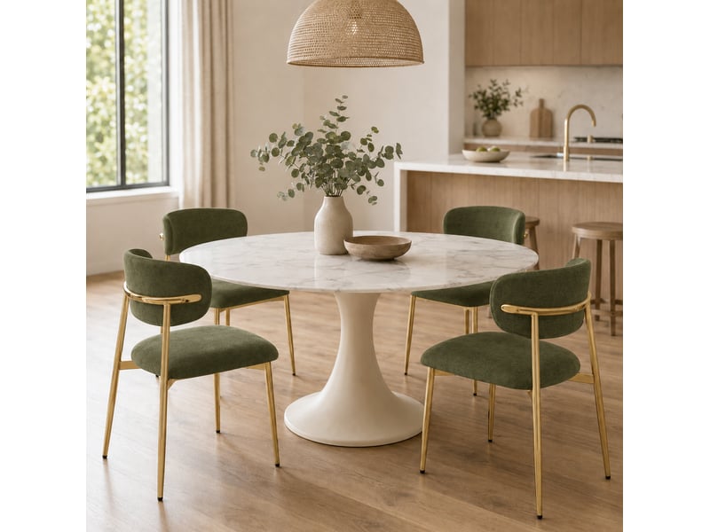  Chaise de salle à manger lot de 4 avec assise rembourrée et patins réglables en polyester vert et fer doré  - Conforama B