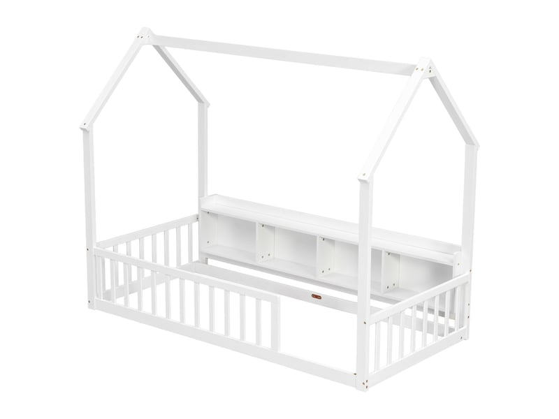 Lit enfant 90 x 200 cm forme maison en bois de pin barrières de sécurité blanc compartiments de rangement - Conforama A
